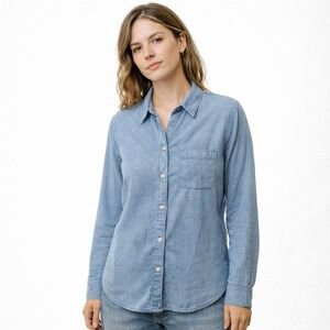 FAHERTY Sunwashed Knit Button Top Sz M Blue Organic Cotton Sustainable Pockets